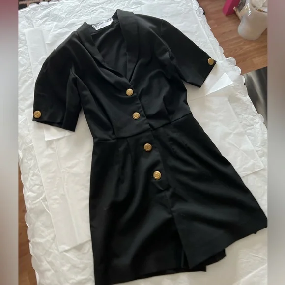 VTG MINT 90s tailored black romper suit gold buttons collar shoulder pads custom
